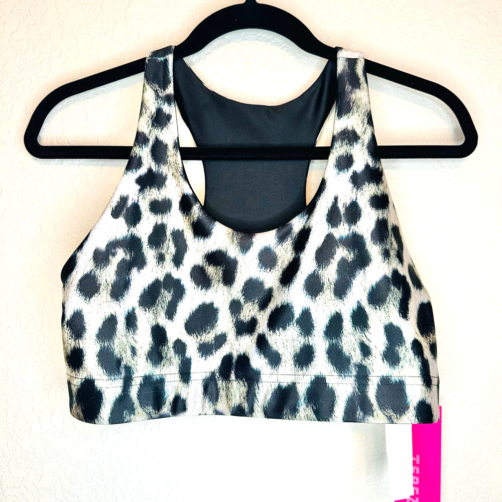Terez Women's Black White Leopard Print Scoop Neck Sports Bra M